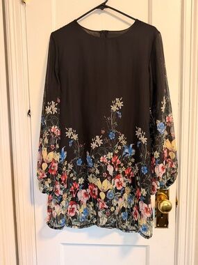 Black Floral Long-Sleeve Chiffon Mini Dress